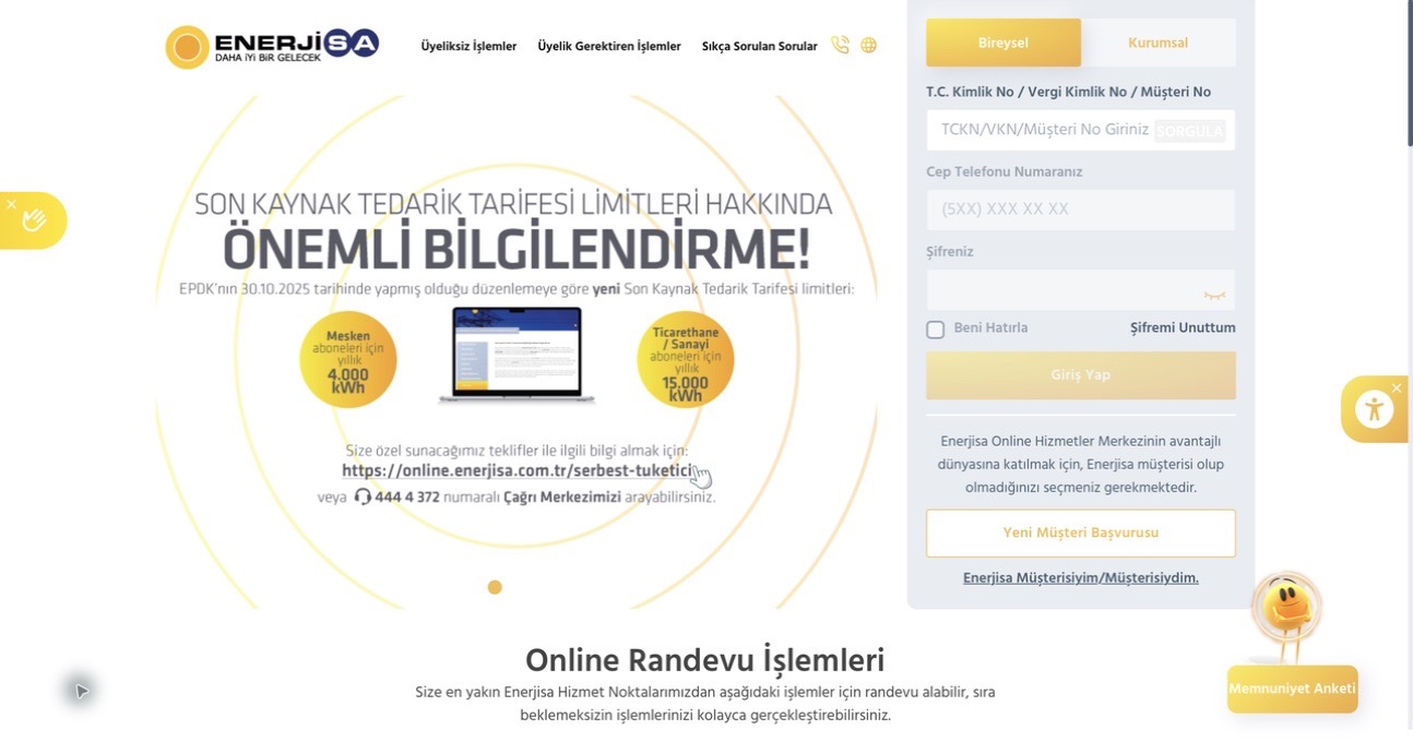 Enerjisa’s public Online Services Center showing its customer login and mobile services